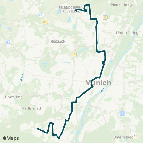 MVG Feldmoching Bf. - Münchner Freiheit - Karlsplatz - Harras - Fürstenried West map