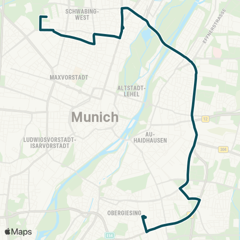 MVG Ackermannbogen - Münchner Freiheit - Richard-Strauss-Straße - Karl-Preis-Platz - Giesing Bf. map