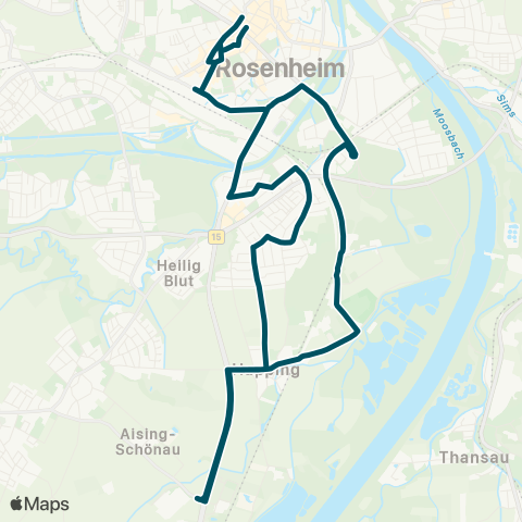 Die Münchner VerkehrsVerbund  Stadtmitte - Bahnhof - ROFA-Stadion - Happinger Ausee - Am Oberfeld - Happing - Traberhof - Bahnhof - Stadtmitte map