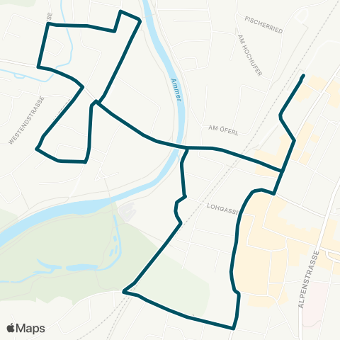 Die Münchner VerkehrsVerbund  StadtBus Weilheim West: Bahnhof - Hallenbad - Ammerschule - Frühlingstr. - Bahnhof map