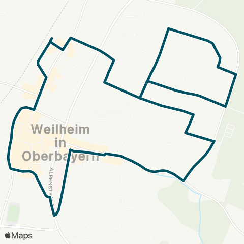 Die Münchner VerkehrsVerbund  StadtBus Weilheim Ost: Bahnhof - Krankenhaus - Hardtschule - Friedhof - Bahnhof map