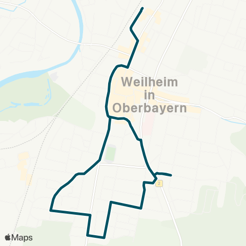 Die Münchner VerkehrsVerbund  StadtBus Weilheim Süd: Bahnhof - Hallenbad - Prälatenweg - Weinhartstr. - Bahnhof map