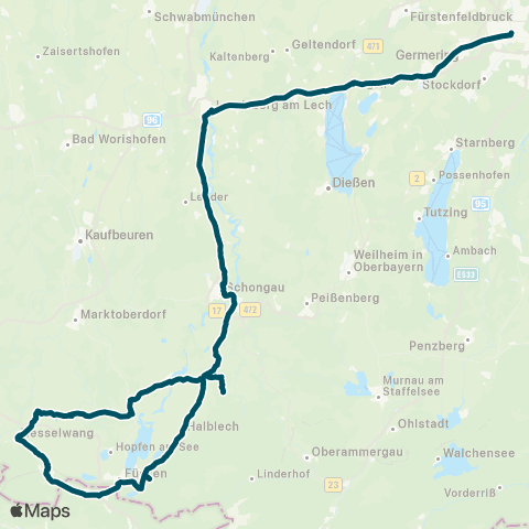 Die Münchner VerkehrsVerbund  BergBus München Pasing - Pfronten - Wieskirche map