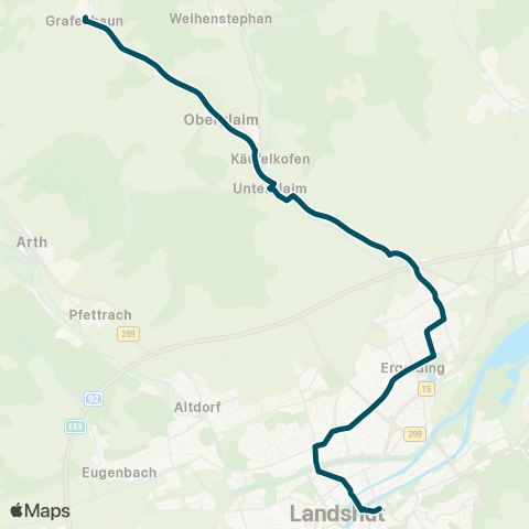 Die Münchner VerkehrsVerbund  Landshut Hbf - Ergolding - Hohenthann - Schmatzhausen - Rottenburg map