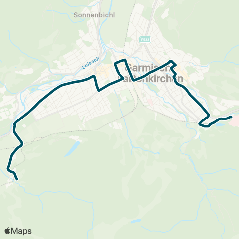 Die Münchner VerkehrsVerbund  OrtsBus Garmisch-Partenkirchen Klinikum - Bahnhof - Marienplatz - Äuß. Maximiliansstr. - Kreuzeck - / Alpspitzbahn map