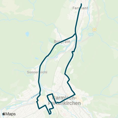 Die Münchner VerkehrsVerbund  Farchant - Wankbahn - Sebastiansk. - Bahnhof - Marienplatz - Burgrain - Farchant map