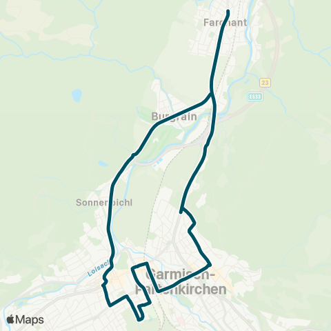 Die Münchner VerkehrsVerbund  Farchant - Burgrain - Marienplatz - Bahnhof - Sebastiansk. - Wankbahn - Farchant map