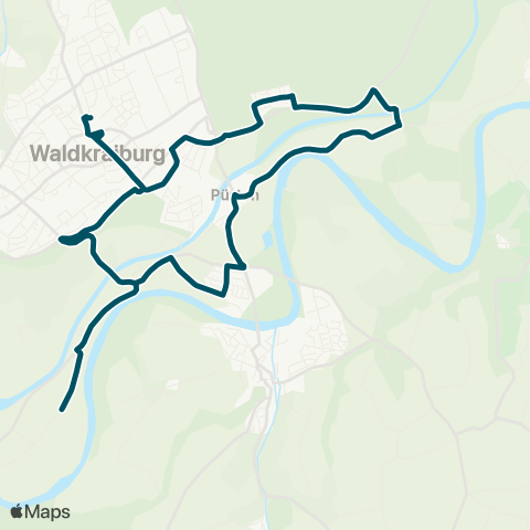 Die Münchner VerkehrsVerbund  StadtBus Waldkraiburg: Dieselschule - Bahnhof - F-Liszt-Str. - Lindach - Hausing - Niederndorf - Pürten - Ebing - F.-Liszt-Str. - Bahnhof - Dieselschule map