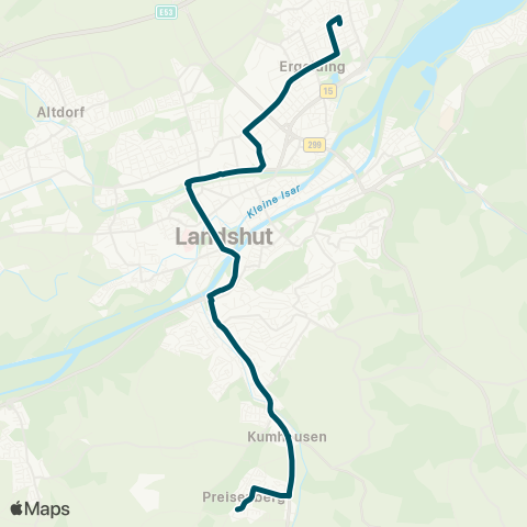 Die Münchner VerkehrsVerbund  Preisenberg - Kumhausen - Hauptbahnhof - Realschule Ergolding map