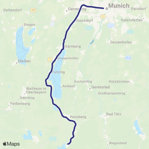 MVV Kochel - München Hbf map