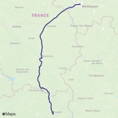 Nouvelle-Aquitaine Cars 23 Montluçon-Aubusson-Felletin-Ussel map