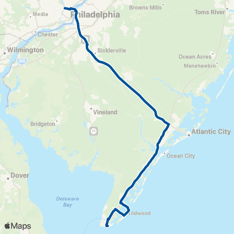 NJ Transit Cape May - Wildwood - Philadelphia Exp map