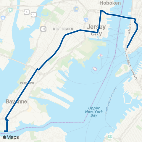 NJ Transit Bayonne - New York Downtown map