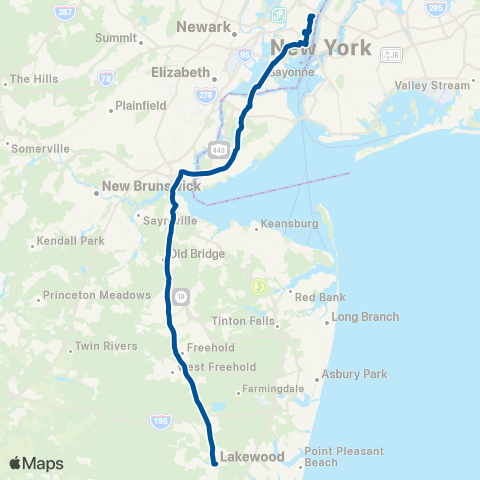 NJ Transit Lakewood - Jersey City - Weehawken Exp. map