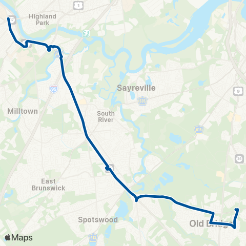 NJ Transit New Brunswick - E Brunswick - Old Bridge map