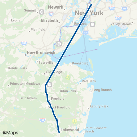NJ Transit Lakewood - New York - Union Hill Express map