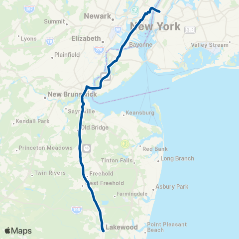NJ Transit Lakewood - New York - Freehold Mall Exp map
