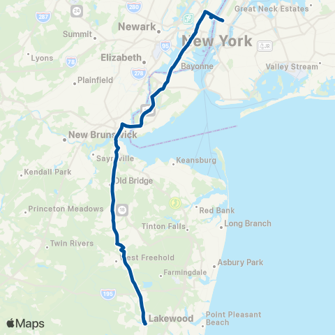 NJ Transit Lakewood - Old Bridge - New York (via Route 9) map
