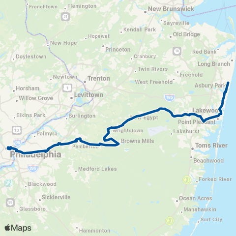 NJ Transit Asbury Park - Fort Dix - Philadelphia map