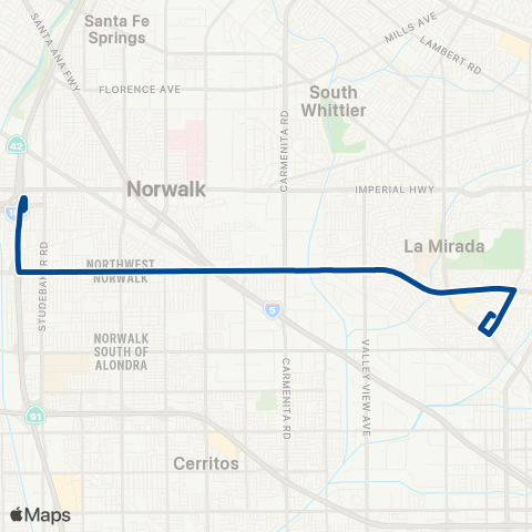 Norwalk Transit C Line Sta to / from La Mirada via Ros map