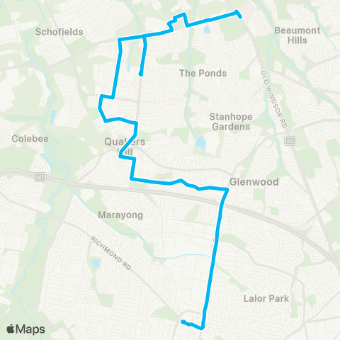 Sydney Buses Network Rouse Hill Sta to Blacktown via The Ponds map