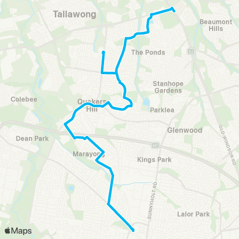 Sydney Buses Network Rouse Hill Sta to Blacktown via Quakers Hill map
