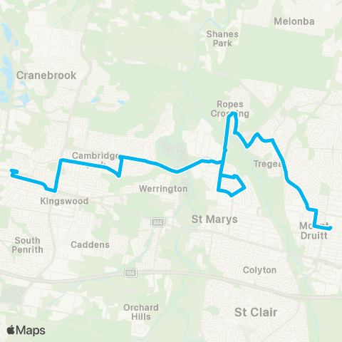 Sydney Buses Network Mount Druitt to Penrith via Ropes Xing map
