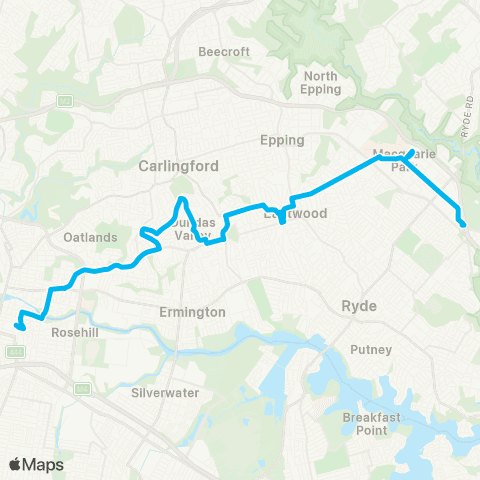 Sydney Buses Network Parramatta to Macquarie Pk via Telopea & Eastwood map