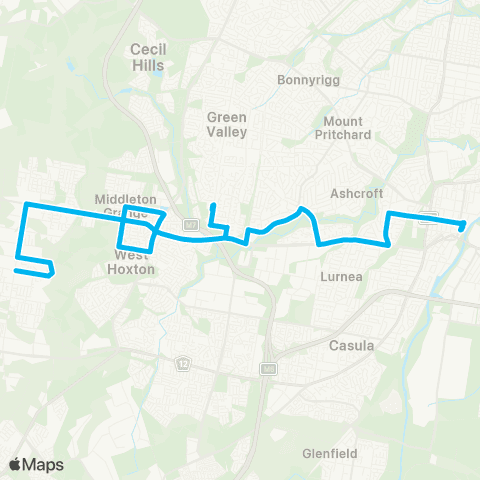 Sydney Buses Network Carnes Hill to Liverpool via Hoxton Pk Rd map