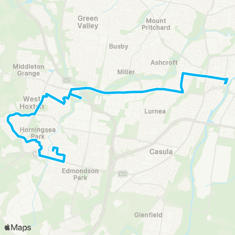 Sydney Buses Network Carnes Hill to Liverpool via Greenway Dr & Hoxton Pk Rd map