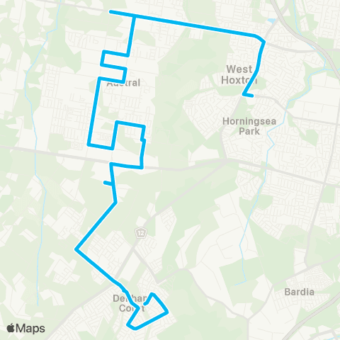 Sydney Buses Network Denham Court to Carnes Hill via Austral map