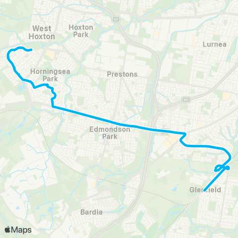 Sydney Buses Network Carnes Hill to Glenfield via Horningsea Pk map