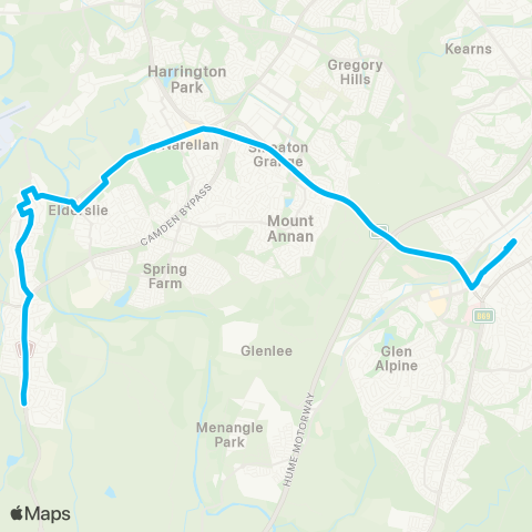 Sydney Buses Network Campbelltown to Bridgewater via Narellan & Camden map
