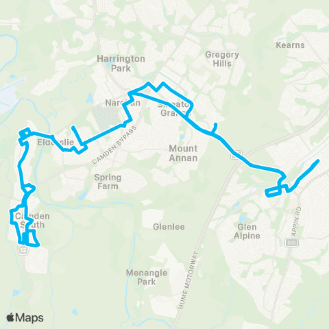Sydney Buses Network Campbelltown to Camden S via Camden (Loop Service) map