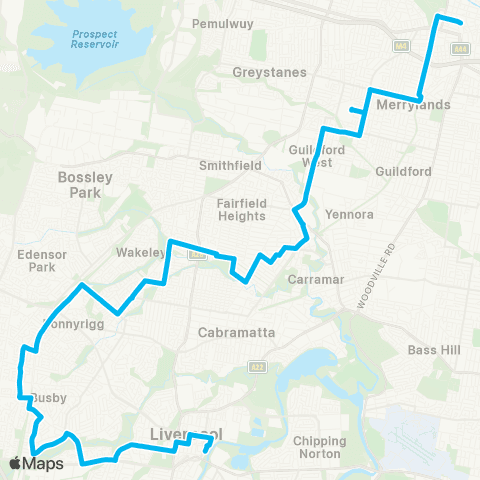 Sydney Buses Network Liverpool to Parramatta via Guildford W map