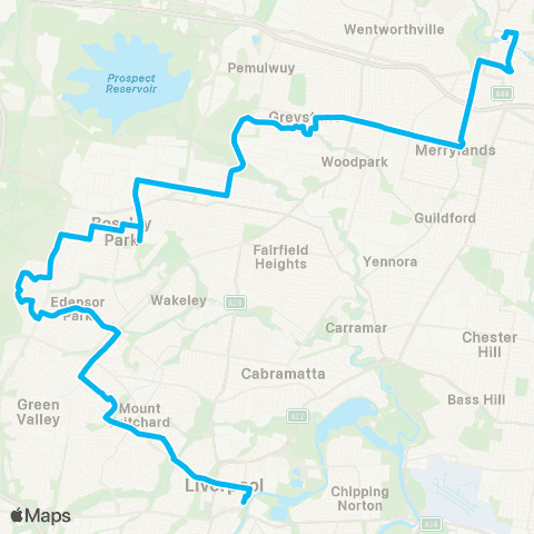 Sydney Buses Network Liverpool to Parramatta via Abbotsbury map