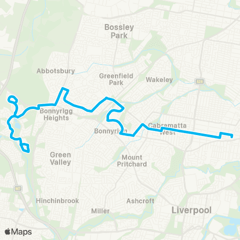 Sydney Buses Network Cecil Hills to Cabramatta via Bonnyrigg map
