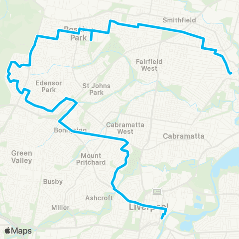 Sydney Buses Network Liverpool to Fairfield via Abbotsbury map