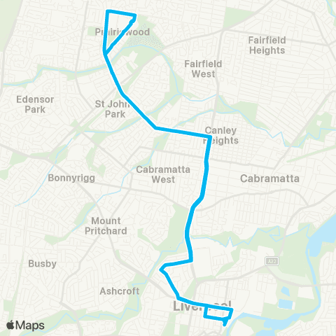 Sydney Buses Network Liverpool to Prairiewood via Orange Grove Rd (Loop Service) map
