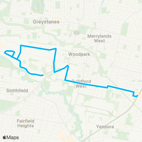 Sydney Buses Network Smithfield Industrial Area or Woodpark to Guildford map