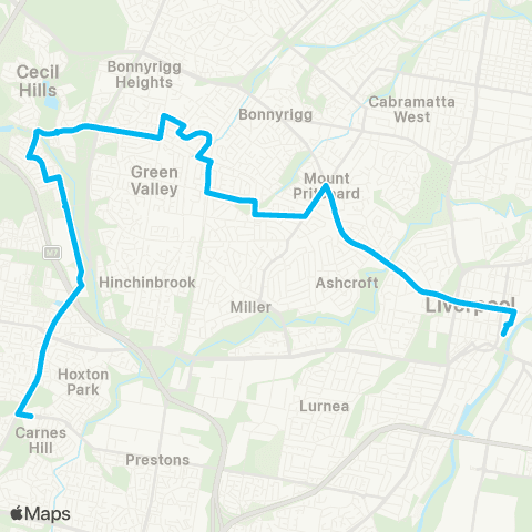 Sydney Buses Network Carnes Hill to Liverpool map