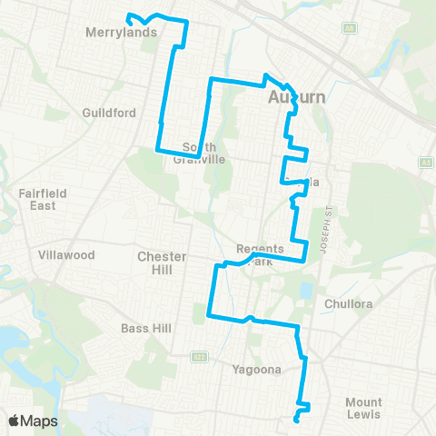 Sydney Buses Network Merrylands to Bankstown via Birrong & Auburn map