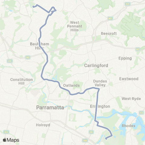 Temporary Buses Hills Showground to Sydney Olympic Pk via Baulkham Hills Jct map