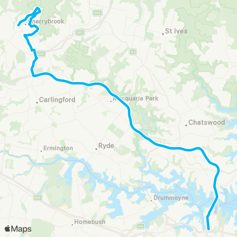 Sydney Buses Network Cherrybrook to City Wynyard (Exp Service) map