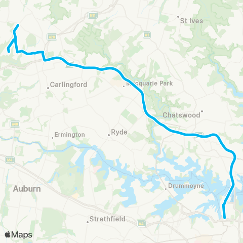 Sydney Buses Network W Pennant Hills to City Wynyard (Exp Service) map