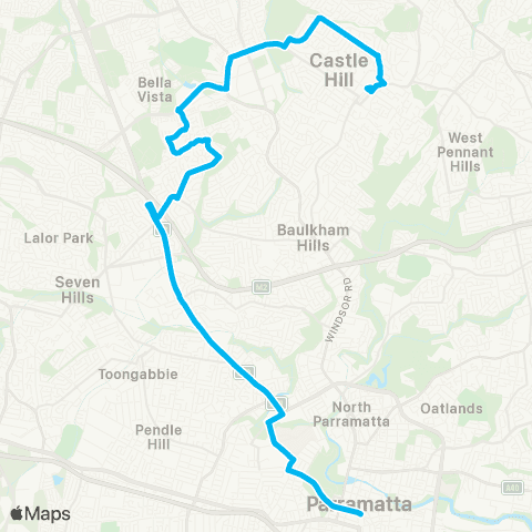 Sydney Buses Network Castle Hill to Parramatta via Bella Vista & N W Twy map