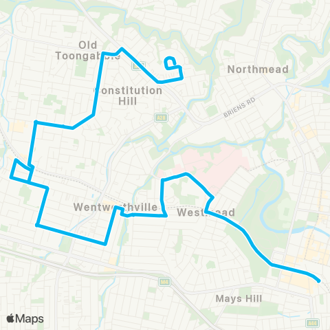 Sydney Buses Network Constitution Hill Retirement Community to Parramatta via Pendle Hill map