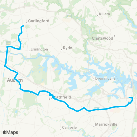 Sydney Buses Network Carlingford to City Town Hall via Strathfield (Night Service) map