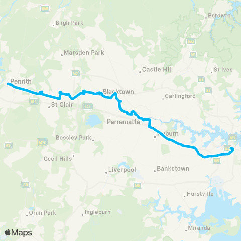 Sydney Buses Network Penrith to City Town Hall via Parramatta (Night Service) map