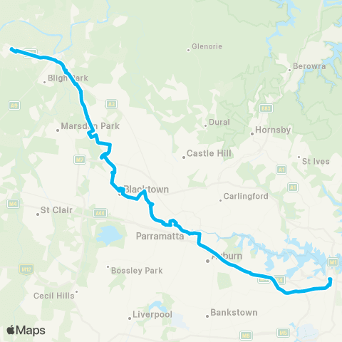 Sydney Buses Network Richmond to City Town Hall via Parramatta (Night Service) map